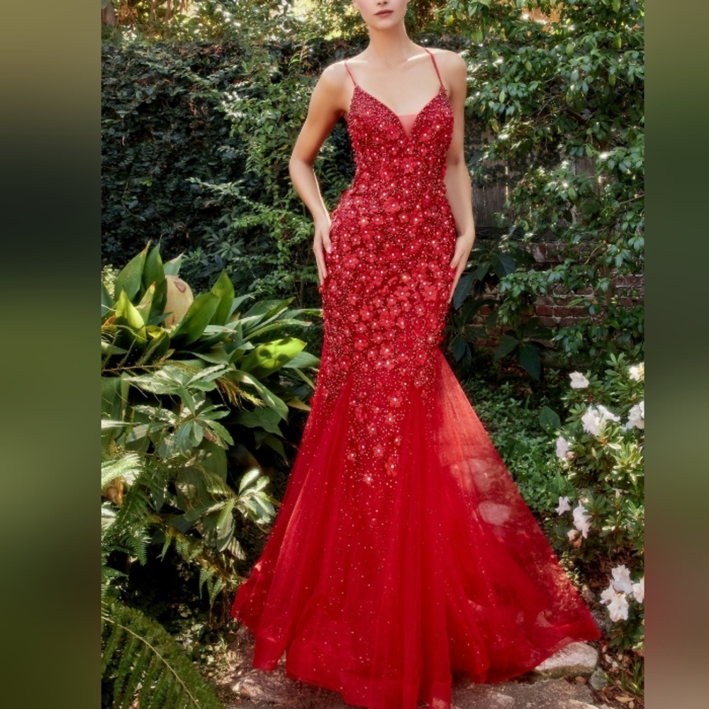 Mermaid floral tulle beaded lace up open back dress,red,emerald,royal, purple,